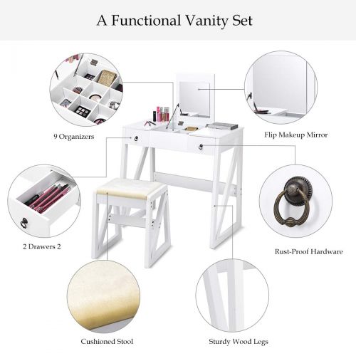 자이언텍스 Giantex Vanity Set with Flip Top Mirror and 2 Drawers 9 Organizers, Dual Modern Makeup Dressing Table Writing Desk with Cushioned Stool, Easy Assembly, White