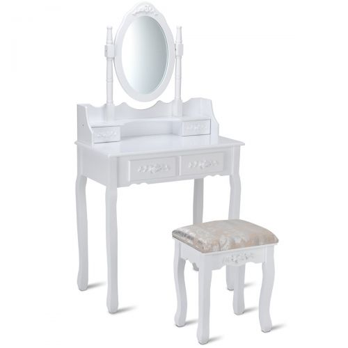 자이언텍스 Giantex White Bathroom Vanity Jewelry Makeup Dressing Table Set W/Stool Mirror Wood Desk (4 Drawers)