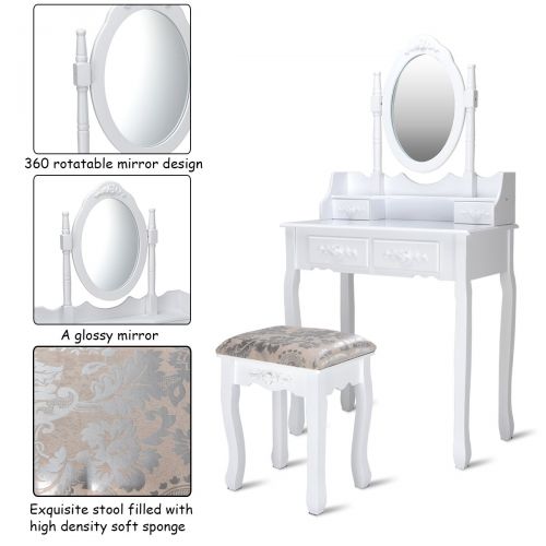 자이언텍스 Giantex White Bathroom Vanity Jewelry Makeup Dressing Table Set W/Stool Mirror Wood Desk (4 Drawers)