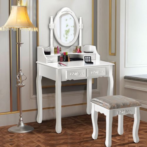 자이언텍스 Giantex White Bathroom Vanity Jewelry Makeup Dressing Table Set W/Stool Mirror Wood Desk (4 Drawers)