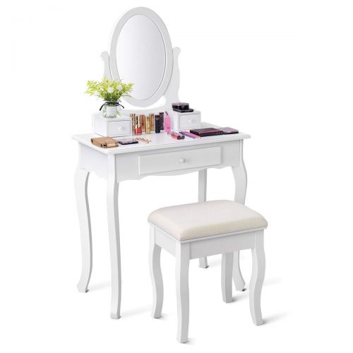 자이언텍스 Giantex Vanity Set with Mirror and Padded Stool, Multi-Functional Dual Use Desk Vanity, Girls Women Gift Wood Style Makeup Dressing Table Bench Set, Bedroom Vanities with 3 Drawers