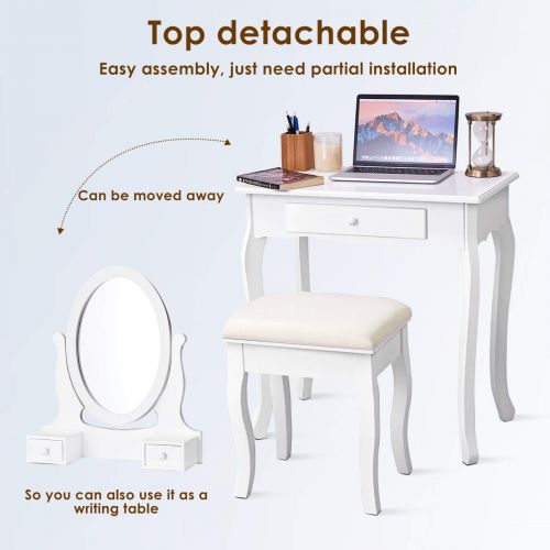 자이언텍스 Giantex Vanity Set with Mirror and Padded Stool, Multi-Functional Dual Use Desk Vanity, Girls Women Gift Wood Style Makeup Dressing Table Bench Set, Bedroom Vanities with 3 Drawers