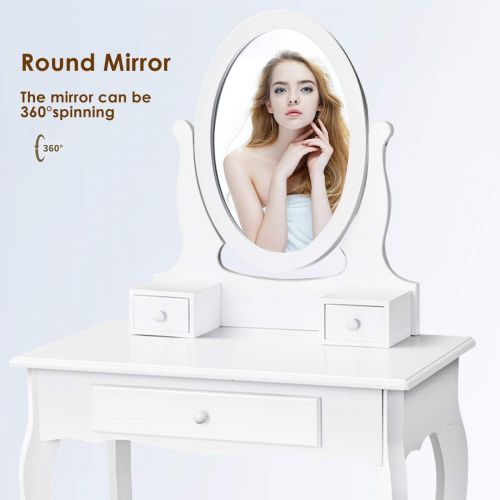 자이언텍스 Giantex Vanity Set with Mirror and Padded Stool, Multi-Functional Dual Use Desk Vanity, Girls Women Gift Wood Style Makeup Dressing Table Bench Set, Bedroom Vanities with 3 Drawers