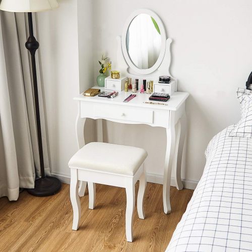 자이언텍스 Giantex Vanity Set with Mirror and Padded Stool, Multi-Functional Dual Use Desk Vanity, Girls Women Gift Wood Style Makeup Dressing Table Bench Set, Bedroom Vanities with 3 Drawers