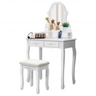 Giantex Vanity Table Set with Mirror for Makeup Modern Cushioned Bench Stool Bedroom Wood Style Furniture Top Removable Multifunctional Writing Desk Dressing Tables for Girls (Whit