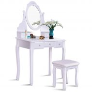 Giantex White Vanity Table Set with Mirror & Cushioned Stool Large Storage Removable Top Stand 360° Swivel Mirrored Bedroom Makeup Dressing Vanities Tables with 5 Drawers