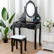 Giantex Black Vanity Set with Mirror & Cushioned Stool Dressing Table Large Storage Removable Top Stand 360° Swivel Mirrored Bedroom Vanities Makeup Table with 5 Drawers