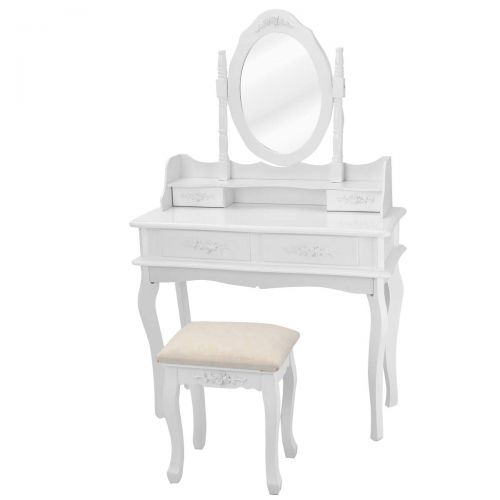 자이언텍스 Giantex White Vanity Set with Mirror and Stool, Bedroom Wood Makeup Table for Women Girls Gift, Mirrored Dressing Table Desk Vanity Dresser with Storage, Modern Room Vanities with