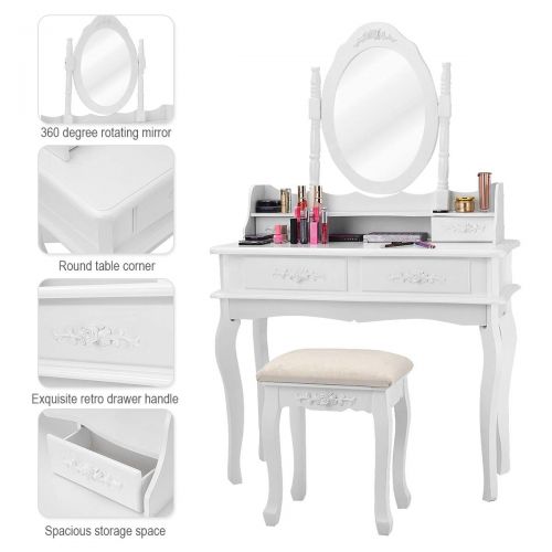 자이언텍스 Giantex White Vanity Set with Mirror and Stool, Bedroom Wood Makeup Table for Women Girls Gift, Mirrored Dressing Table Desk Vanity Dresser with Storage, Modern Room Vanities with