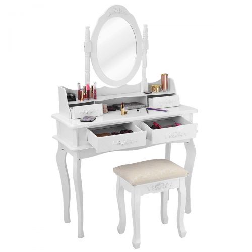 자이언텍스 Giantex White Vanity Set with Mirror and Stool, Bedroom Wood Makeup Table for Women Girls Gift, Mirrored Dressing Table Desk Vanity Dresser with Storage, Modern Room Vanities with