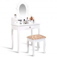 Giantex Vanity Table Set with Stool Chair, Swivel Mirror Wood Makeup Dressing Tables Removable Top Desk Bedroom Cosmetics Jewelry Display Cushioned Fabric Seat Bench Vanities with