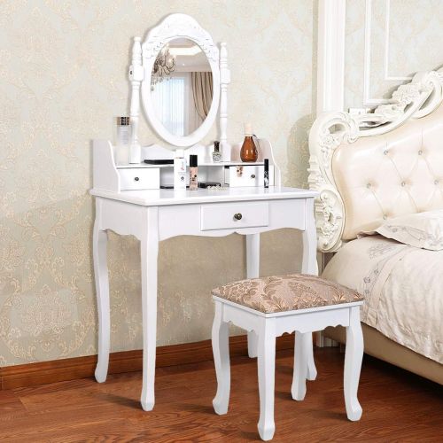자이언텍스 Giantex Vanity Table Set with Stool Chair, Swivel Mirror Wood Makeup Dressing Tables Removable Top Desk Bedroom Cosmetics Jewelry Display Cushioned Fabric Seat Bench Vanities with