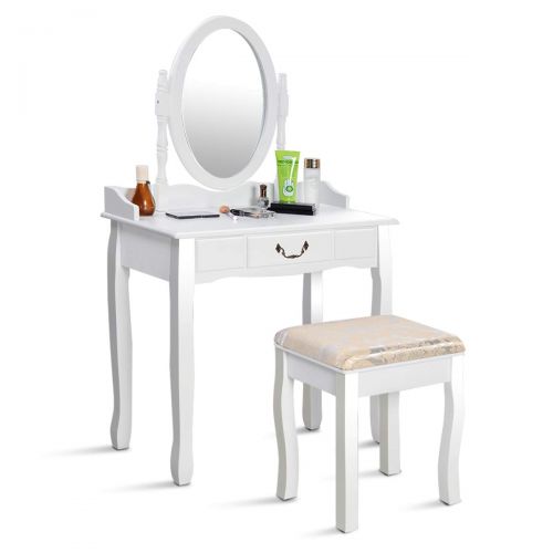 자이언텍스 Giantex White Vanity Table Set with Stool, Dressing Table for Girls Women Mirror Makeup Table Desk Room Vanity Dresser, Large Bedroom Vanities w/Drawer