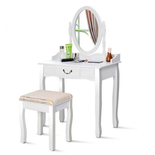 자이언텍스 Giantex White Vanity Table Set with Stool, Dressing Table for Girls Women Mirror Makeup Table Desk Room Vanity Dresser, Large Bedroom Vanities w/Drawer