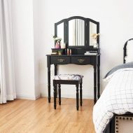 Giantex Vanity Table Set with Tri-Folding Mirror, Makeup Dressing Table with 4 Drawers, Bedroom Vanity with Padded Stool, Room Desk Vanities, Black