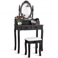 Giantex Vanity Set with Stool, A Makeup Table with 4 Drawers, Room Dresser Desk Vanity Oval Mirror and Padded Vanity Stool, Dressing Tables for Bedroom Vanities, Black