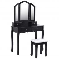 Giantex Tri Folding Mirror Bathroom Vanity Makeup Table Stool Set Home Furni with 4 Drawers (Black)