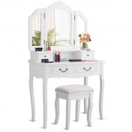 Giantex CHARMAID Vanity Set with Tri-Folding Mirror and 4 Drawers, Makeup Dressing Table with Cushioned Stool, Makeup Vanity Set for Women Girls Bedroom, Makeup Table and Stool Set (White)
