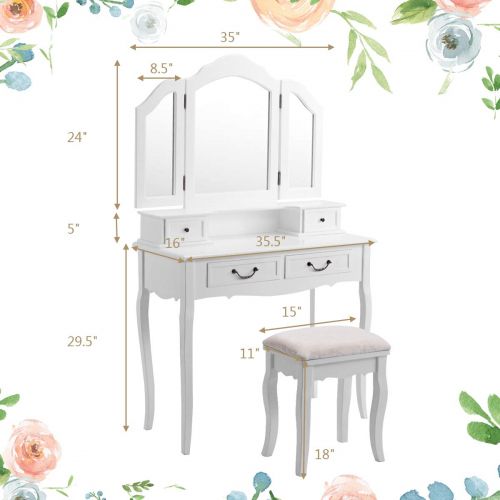 자이언텍스 Giantex CHARMAID Vanity Set with Tri-Folding Mirror and 4 Drawers, Makeup Dressing Table with Cushioned Stool, Makeup Vanity Set for Women Girls Bedroom, Makeup Table and Stool Set (White)
