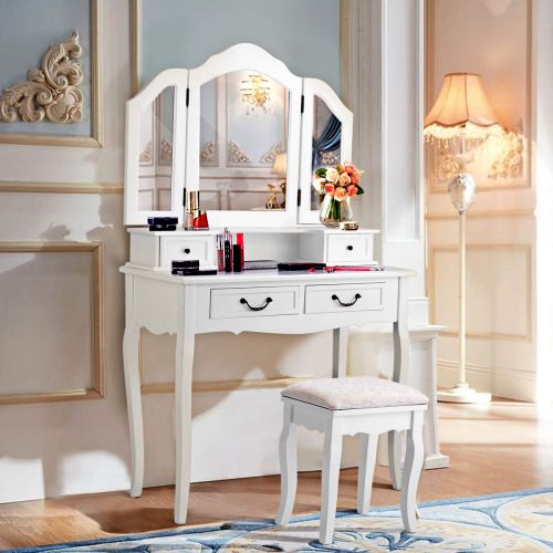 자이언텍스 Giantex CHARMAID Vanity Set with Tri-Folding Mirror and 4 Drawers, Makeup Dressing Table with Cushioned Stool, Makeup Vanity Set for Women Girls Bedroom, Makeup Table and Stool Set (White)