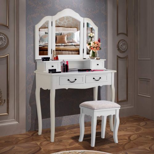 자이언텍스 Giantex CHARMAID Vanity Set with Tri-Folding Mirror and 4 Drawers, Makeup Dressing Table with Cushioned Stool, Makeup Vanity Set for Women Girls Bedroom, Makeup Table and Stool Set (White)