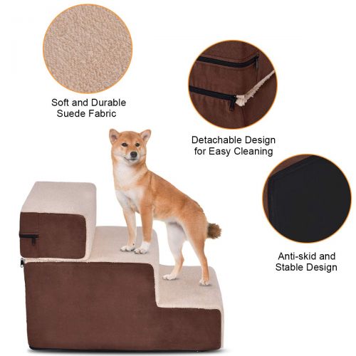 자이언텍스 Giantex Dog Steps 3-Step Soft Dog Stairs Ramp Portable Cotton Pet Steps Home Stairs, Best for Dogs and Cats, Brown