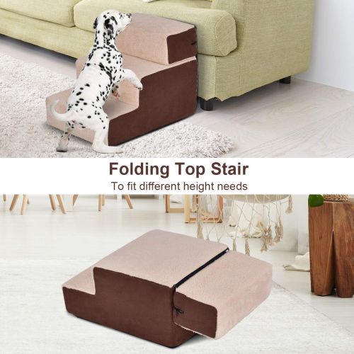 자이언텍스 Giantex Dog Steps 3-Step Soft Dog Stairs Ramp Portable Cotton Pet Steps Home Stairs, Best for Dogs and Cats, Brown