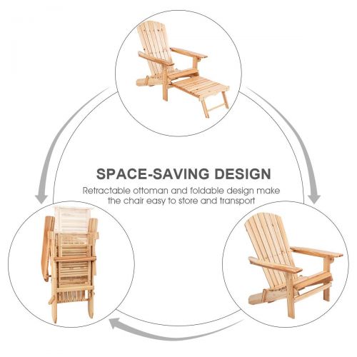 자이언텍스 Giantex Adirondack Chair Foldable with Pull-Out Footrest, Outdoor Modern of 100% Solid Wood for Patio Decor Lawn Garden Porch Balcony, Large Wooden Folding Adirondack Chairs