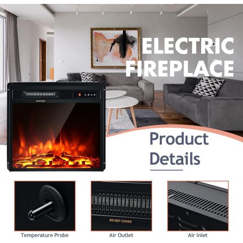 자이언텍스 Giantex 18 Electric Fireplace, Fireplace Inserts Electric Heater w/ Remote Control, Touch Screen, Overheating Protection, 5 Flame Settings, 750W-1500W Freestanding & Recessed Elect