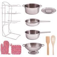 Toy Kitchen Play Set, 10 Piece Bundle - Stainless Steel Pots, Pans and Skillets, Wooden Spoons and Utensils, Pot Holders and Storage Caddy Rack - by Giantville