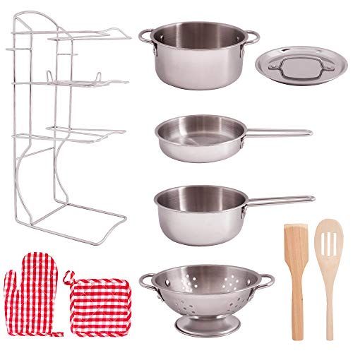  Toy Kitchen Play Set, 10 Piece Bundle - Stainless Steel Pots, Pans and Skillets, Wooden Spoons and Utensils, Pot Holders and Storage Caddy Rack - by Giantville