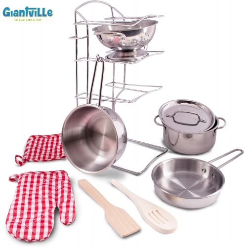  Toy Kitchen Play Set, 10 Piece Bundle - Stainless Steel Pots, Pans and Skillets, Wooden Spoons and Utensils, Pot Holders and Storage Caddy Rack - by Giantville