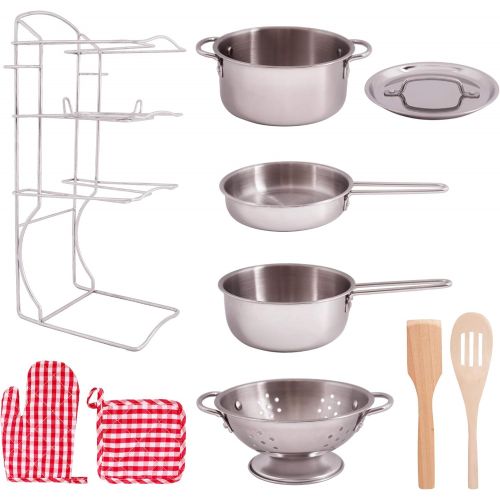  Toy Kitchen Play Set, 10 Piece Bundle - Stainless Steel Pots, Pans and Skillets, Wooden Spoons and Utensils, Pot Holders and Storage Caddy Rack - by Giantville