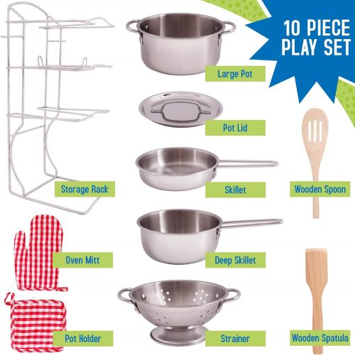  Toy Kitchen Play Set, 10 Piece Bundle - Stainless Steel Pots, Pans and Skillets, Wooden Spoons and Utensils, Pot Holders and Storage Caddy Rack - by Giantville