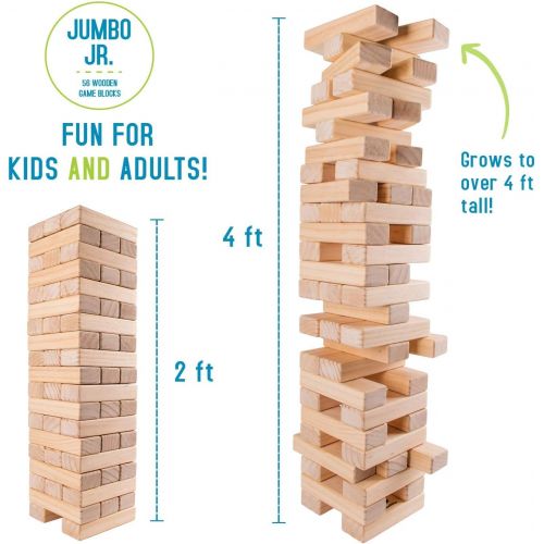  Giantville Giant Tumbling Timber Toy - Jumbo JR. Wooden Blocks Floor Game for Kids and Adults, 56 Pieces, Premium Pine Wood, Carry Bag - Grows from 2-feet to Over 4-feet While Playing, Life S