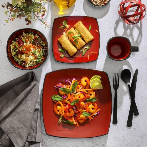  Gibson Elite Gibson Soho Lounge 16-Piece Square Reactive Glaze Dinnerware Set, Red