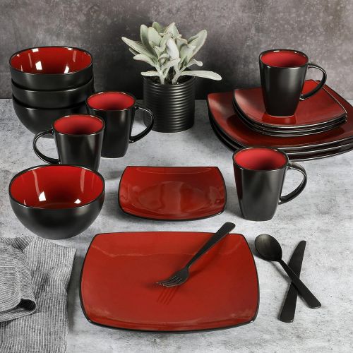  Gibson Elite Gibson Soho Lounge 16-Piece Square Reactive Glaze Dinnerware Set, Red