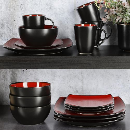  Gibson Elite Gibson Soho Lounge 16-Piece Square Reactive Glaze Dinnerware Set, Red