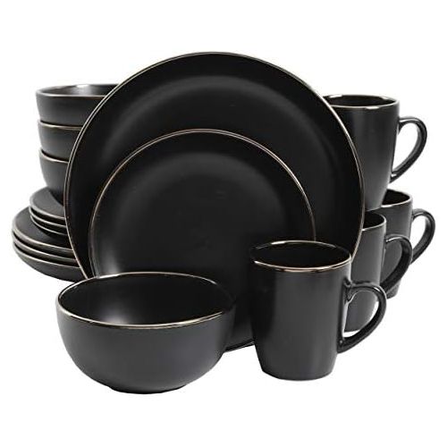  [아마존베스트]Gibson Home Rockaway Round Stoneware Dinnerware Set, Service for 4 (16pcs), Black/Gold Rim