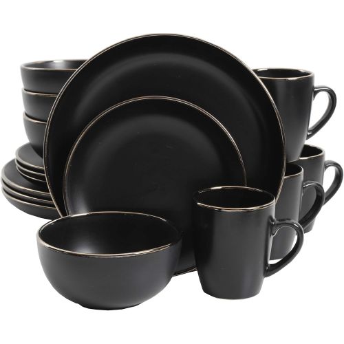  [아마존베스트]Gibson Home Rockaway Round Stoneware Dinnerware Set, Service for 4 (16pcs), Black/Gold Rim