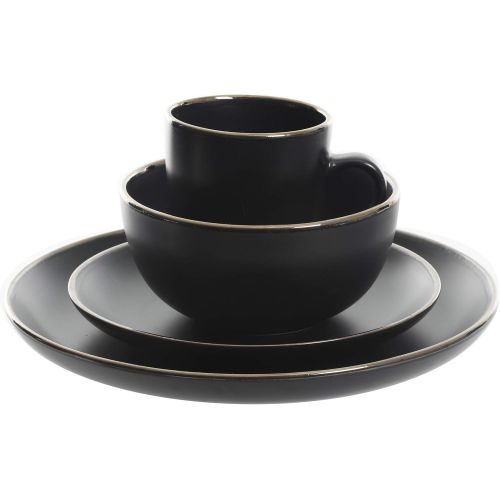  [아마존베스트]Gibson Home Rockaway Round Stoneware Dinnerware Set, Service for 4 (16pcs), Black/Gold Rim