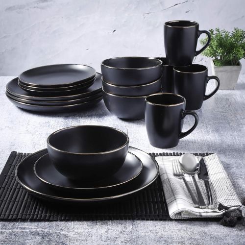  [아마존베스트]Gibson Home Rockaway Round Stoneware Dinnerware Set, Service for 4 (16pcs), Black/Gold Rim