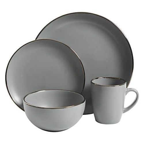  [아마존베스트]Gibson Home Rockaway 127317.16R Stoneware Round Crockery Set for 4 (16-Piece) Grey / Gold Trim