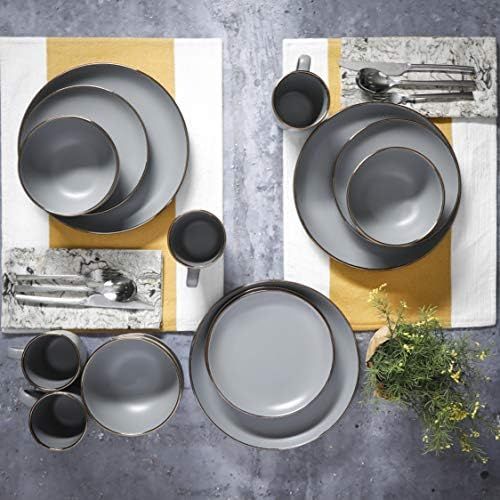  [아마존베스트]Gibson Home Rockaway 127317.16R Stoneware Round Crockery Set for 4 (16-Piece) Grey / Gold Trim