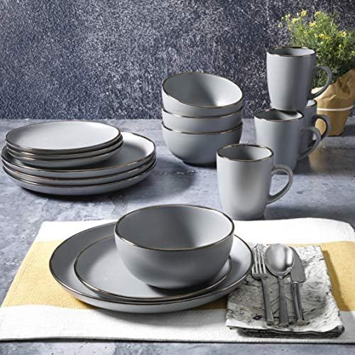  [아마존베스트]Gibson Home Rockaway 127317.16R Stoneware Round Crockery Set for 4 (16-Piece) Grey / Gold Trim