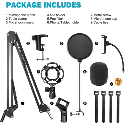  [아마존베스트]Gifort microphone stand for table, adjustable microphone arm with spider, pop protection, 3/8 inch to 5/8 inch adapter, microphone clip, mobile phone holder