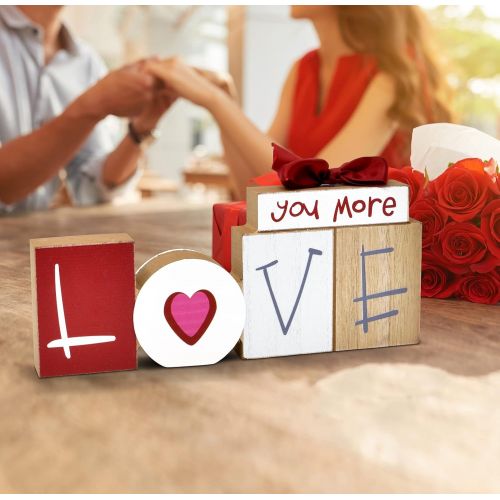  Gift Boutique Valentines Day Wooden Table Top Decor Love You More Wood Block Sign Decoration Rustic Heart Design Happy Valentine’s Tabletop Centerpiece for Valentine Indoor Fireplace Mantle Desk