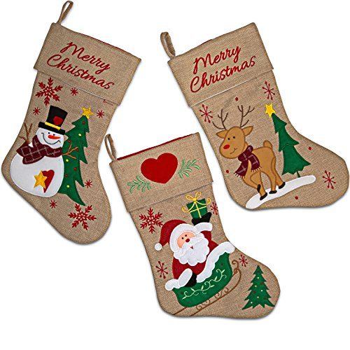  Gift Boutique Set of 3 Burlap Christmas Stockings 18” Holiday Stocking Decorations, Santa Claus Reindeer and Snowman Characters for Fireplace Decor and Party Favors Accessories