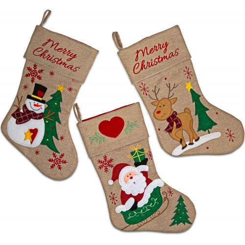  Gift Boutique Set of 3 Burlap Christmas Stockings 18” Holiday Stocking Decorations, Santa Claus Reindeer and Snowman Characters for Fireplace Decor and Party Favors Accessories