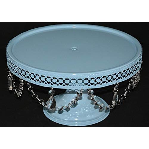  GiftBay Creations Cake Stand Pedestal 13 Diameter (Top), Strong Metal with Clear Hanging Crystals (Silver)